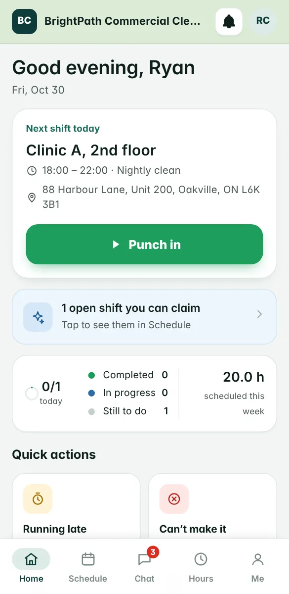 The Janitrak janitor app on a phone: today’s shift with punch in, checklist and photos