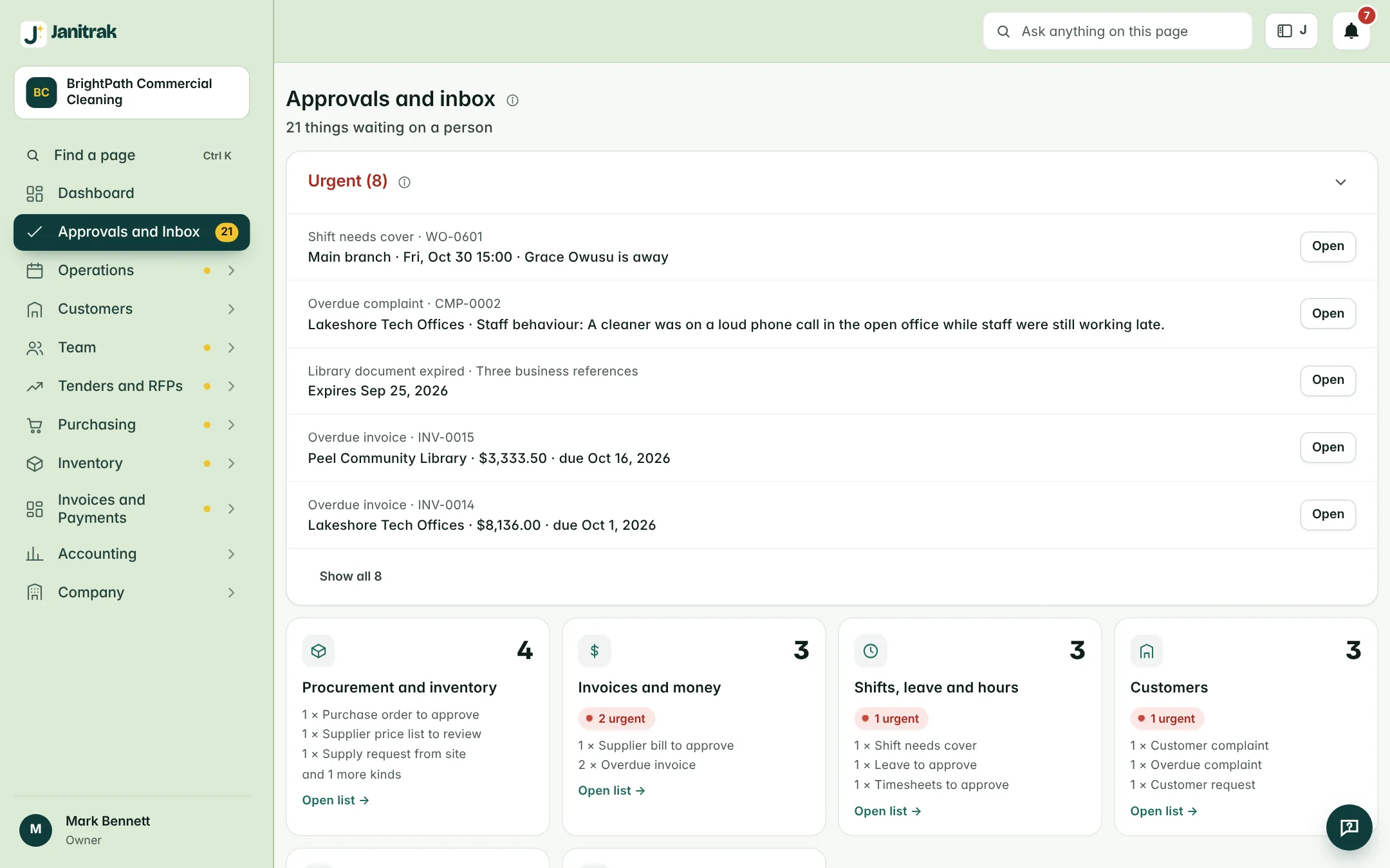 Janitrak approvals and inbox with inspection corrections and complaints waiting on a person