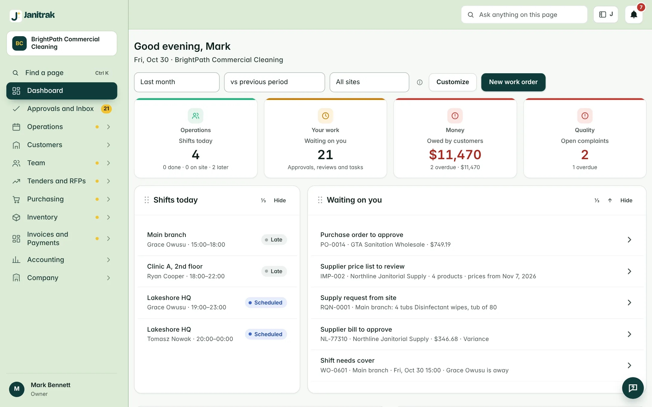 The Janitrak office dashboard with what is waiting for approval