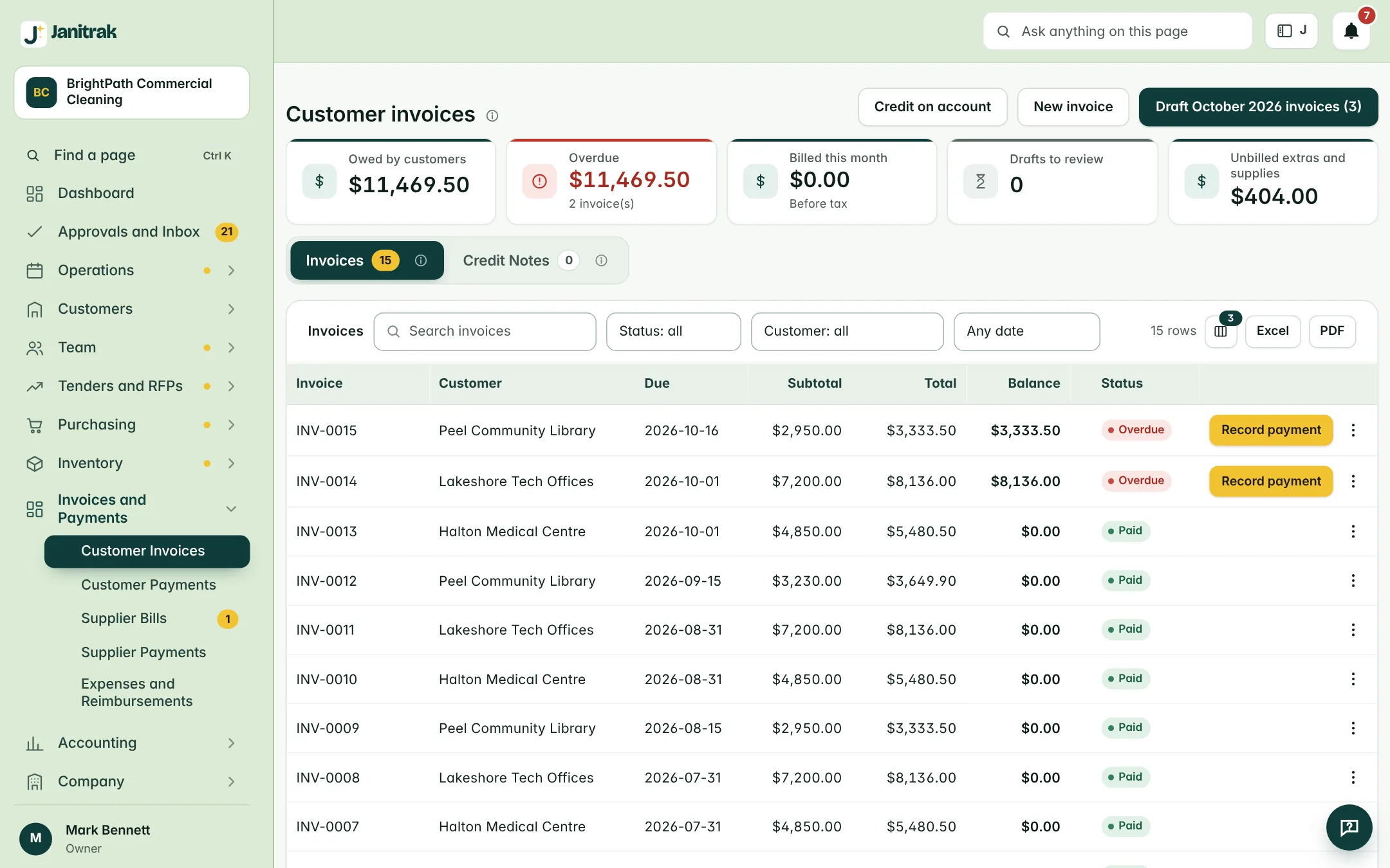 Janitrak invoices and payments feeding the ledger